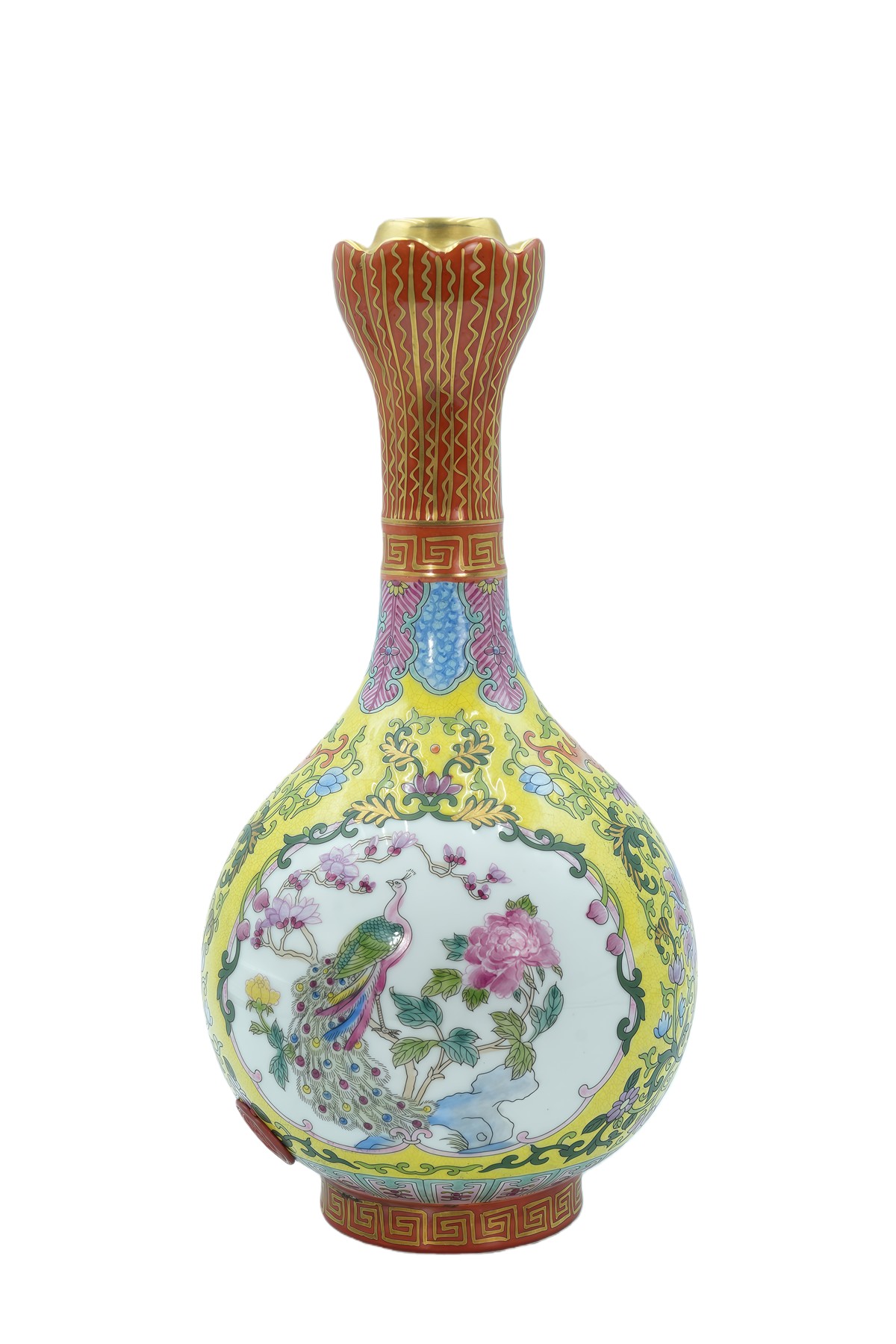 珐琅彩花鸟描金蒜头瓶