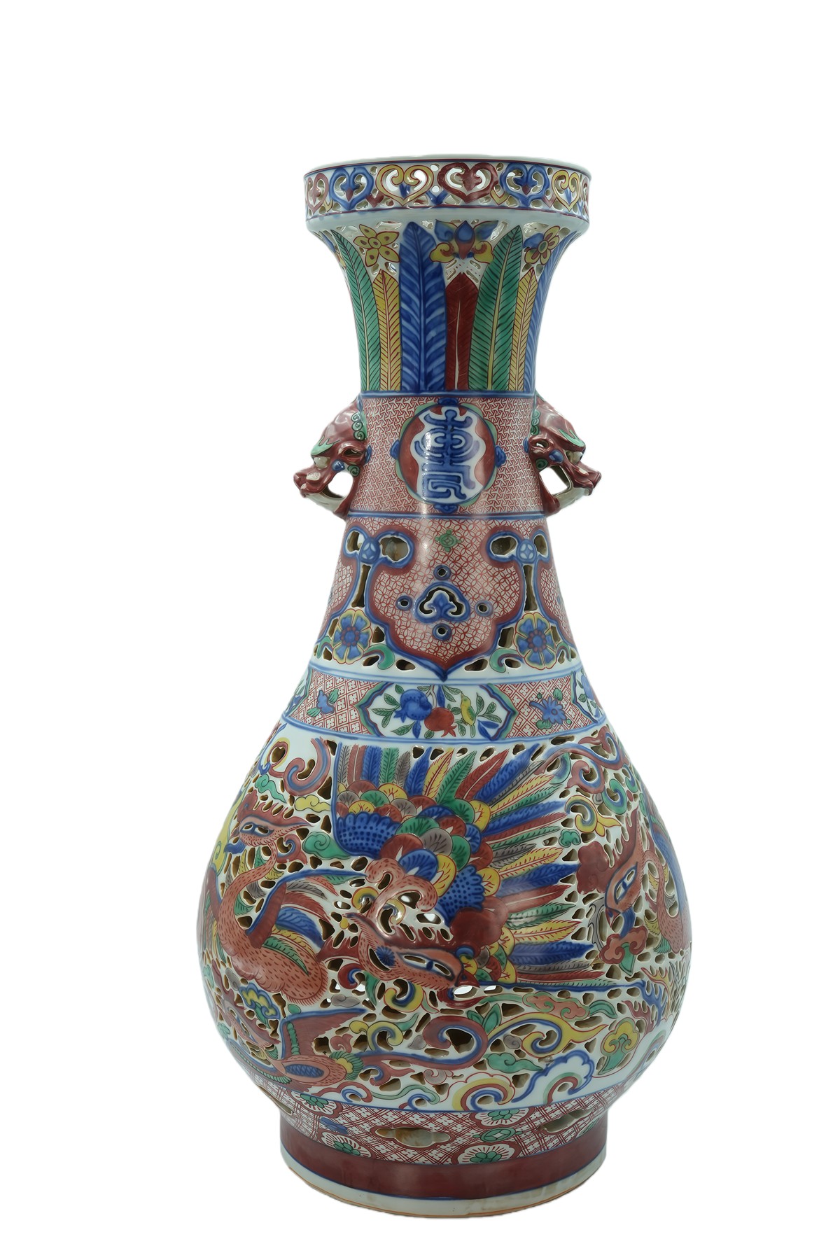 五彩双凤祥云纹镂空尊