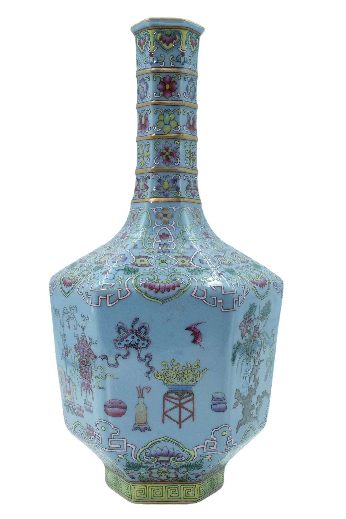 粉彩博古玄纹六方瓶